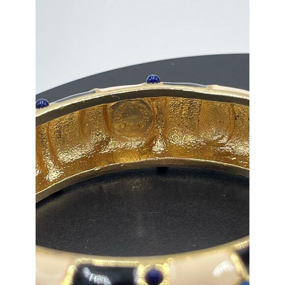 J. Crew Blue Enamel Tan Gold Tone Hinged Safety Chain Bangle Bracelet - Picture 2 of 15